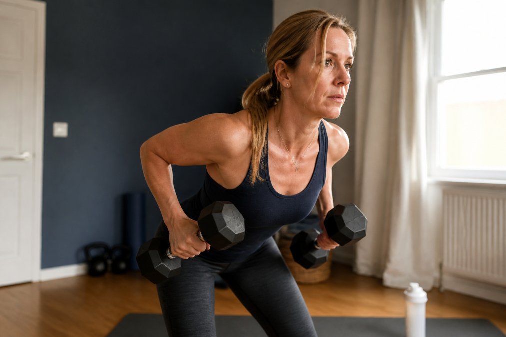 A woman in her mid-40s lifting dumbbells in a bright home gym, looking focused and strong, with a water bottle and mat nearby