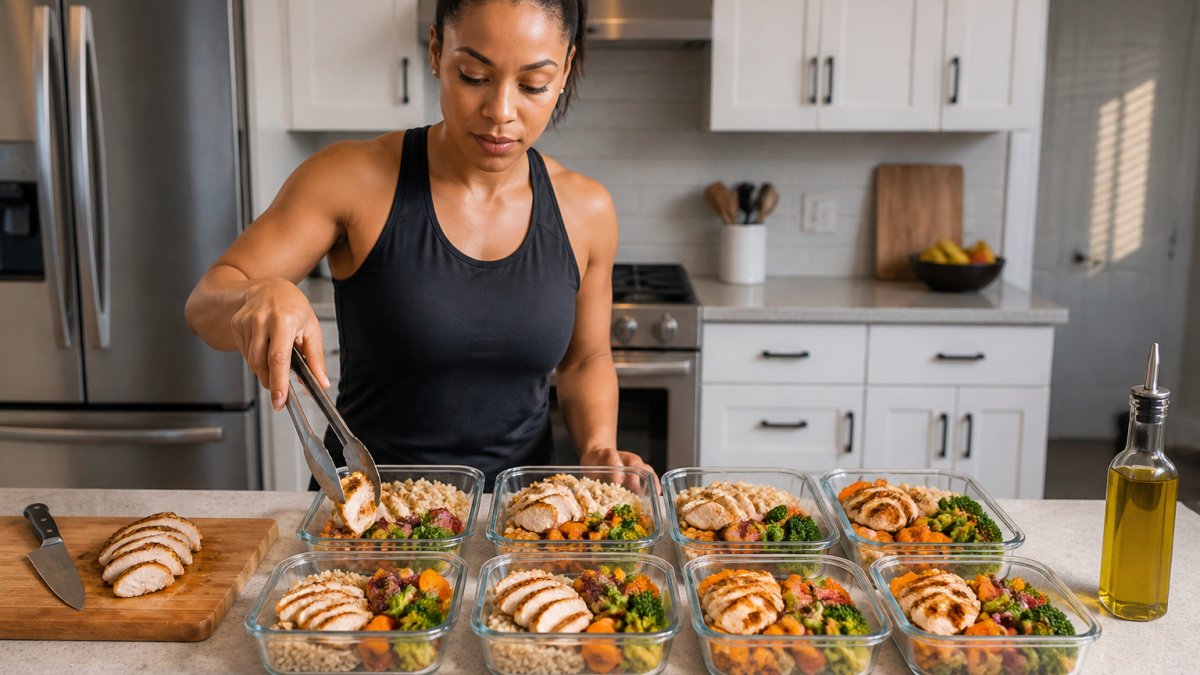 A person in a bright home kitchen portioning grilled chicken, roasted vegetables, and brown rice into five glass meal-prep containers on a counter, with a cutting board and olive oil nearby