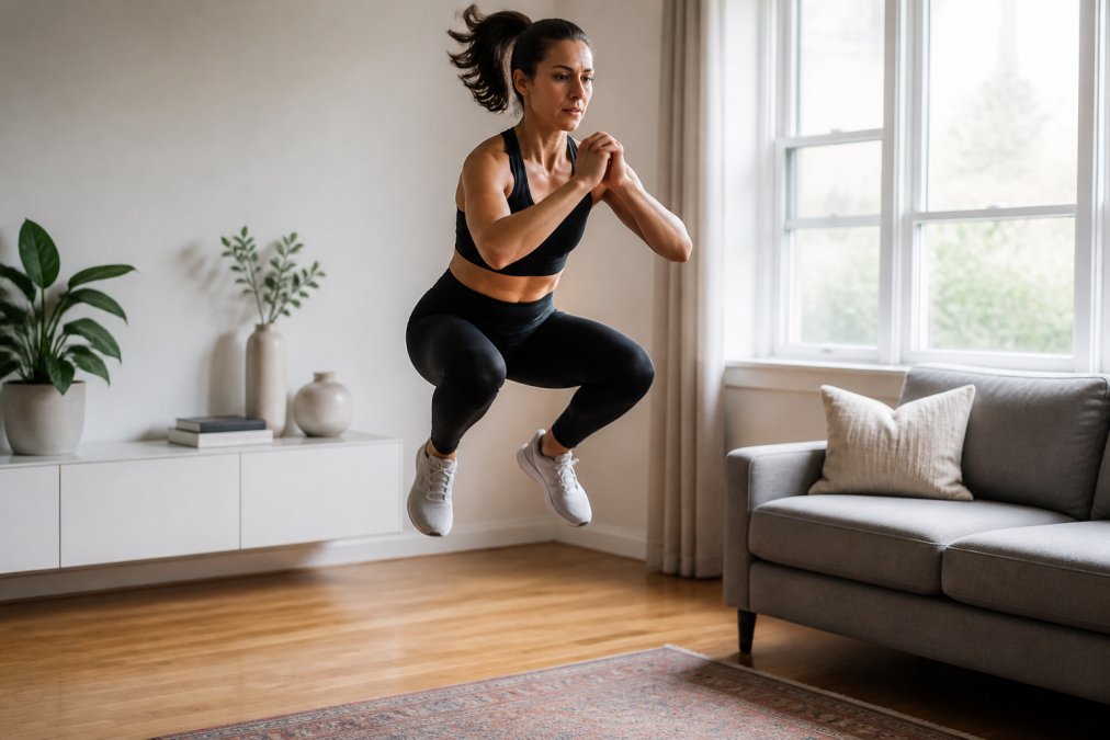 A woman in athletic wear mid-jump during a bodyweight squat jump in a small home living room, looking focused and energized, bright natural light from a window