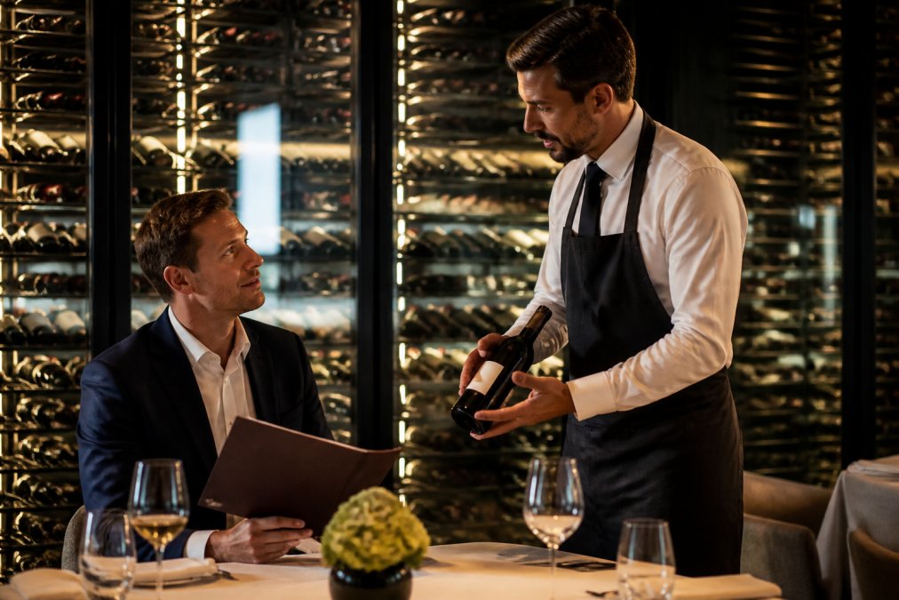 Sommelier in tailored black suit discussing wine selections with elegantly dressed couple seated at white-tablecloth table, wine bottles visible in background, warm candlelight
