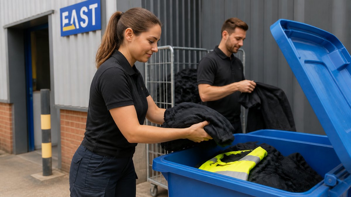 Workers sorting branded uniforms into bins as part of workwear recycling programs at a busy office facility.