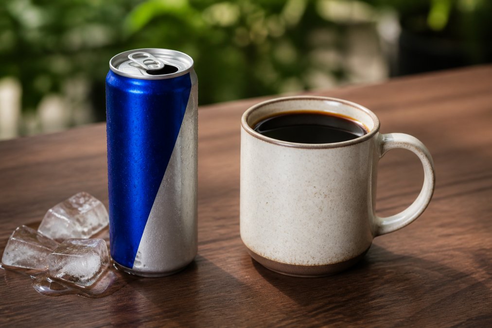 A clean split-scene photo: on the left, a colorful energy drink can with ice; on the right, a ceramic mug of freshly brewed black coffee on a wooden table