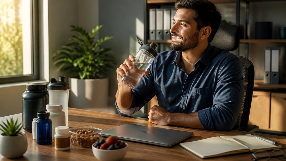 Office worker holding a water bottle with sustained energy supplements and healthy snacks on their desk