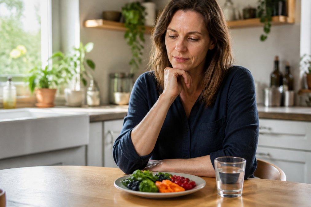 A woman in her forties sitting at a kitchen table in natural morning light, looking at a small plate of colourful whole foods with a glass of water, appearing thoughtful and health-conscious