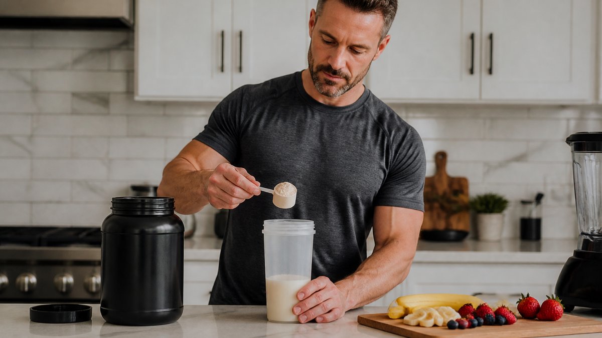 A fit adult in their 40s preparing a post-workout recovery drink in a clean kitchen, with a shaker bottle, measured protein powder, and fresh fruit on the counter