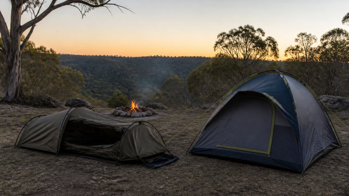 A swag set up next to a traditional dome tent in an open camping area at dusk, showing the low-profile rounded shape of the swag contrasting with the taller tent structure, with campfire glowing in the background and forested landscape