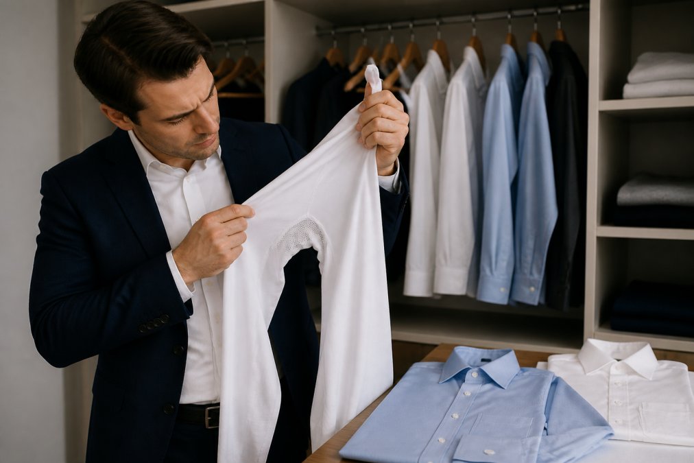 A professional man in a crisp white dress shirt and navy blazer examining the underarm area of a sweat proof undershirt, with a wardrobe of formal shirts in the background