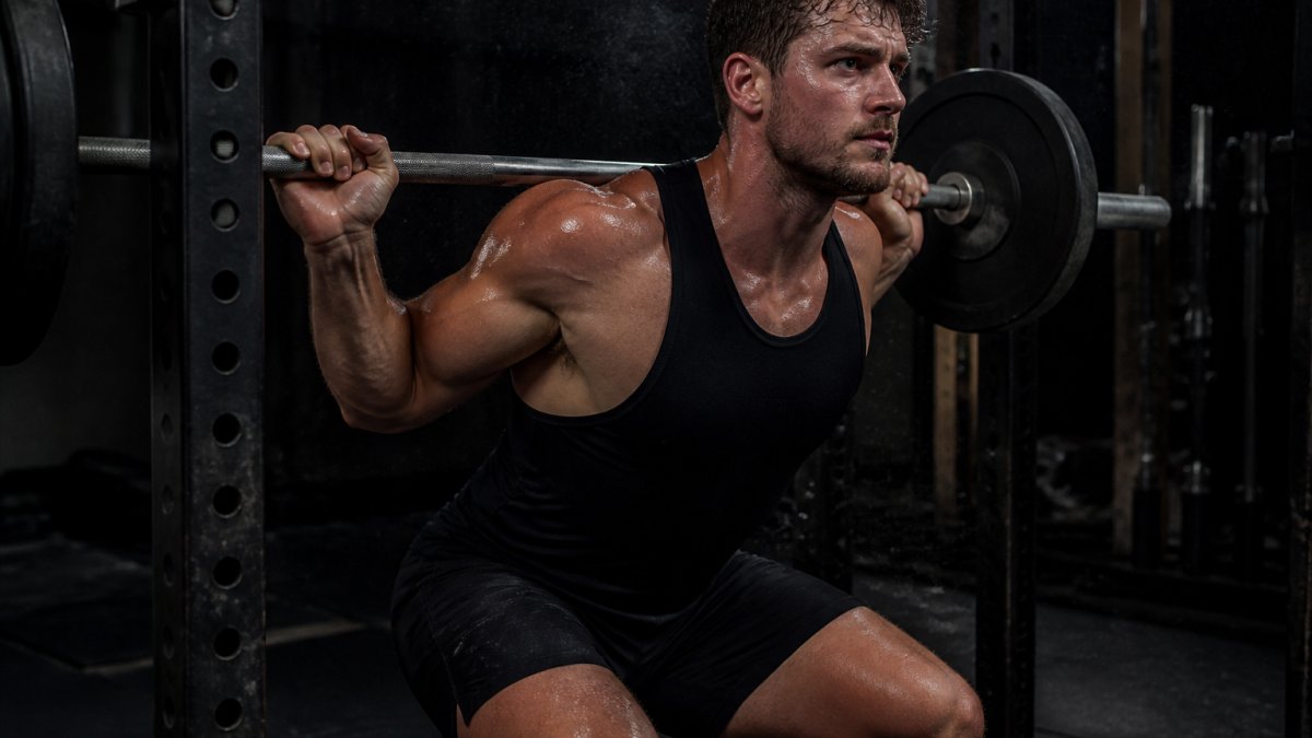 A man in his late twenties mid-set on a barbell squat in a dimly lit gym, wearing a plain black singlet and black training shorts, visible sweat on his shoulders and arms, chalk dust in the air, focused expression