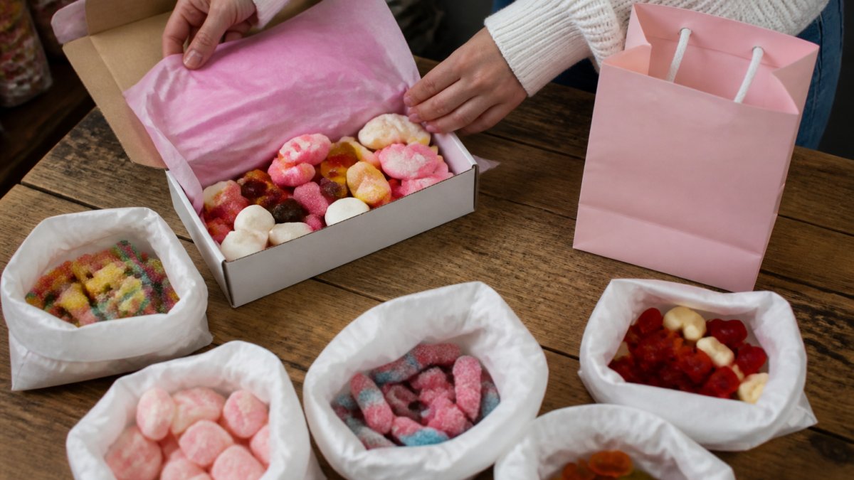 Hands packing a pick and mix sweet box with tissue paper and a gift bag on a wooden table, surrounded by colourful sweets in small paper bags