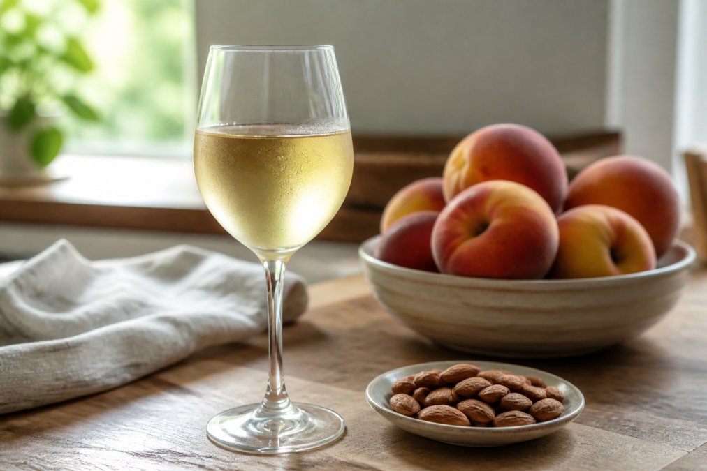 Close-up of a chilled glass of pale golden non-alcoholic white wine on a wooden kitchen table, with a bowl of fresh peaches and a small dish of almonds beside it, soft daylight from a window
