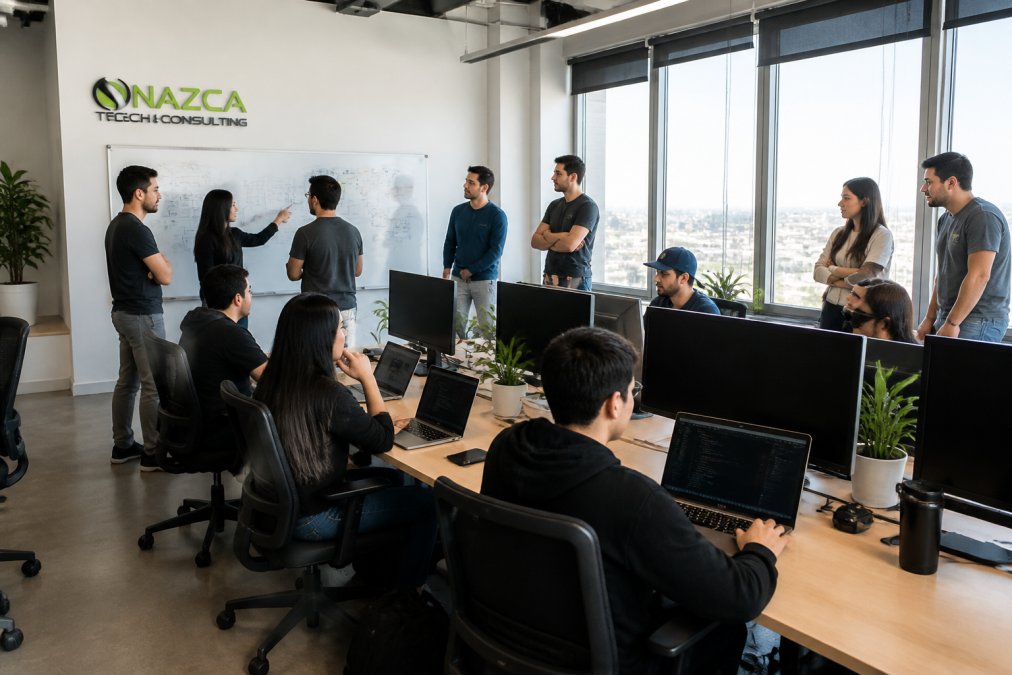 Startup team of 8-10 people working collaboratively in modern office space with dual monitors at desks, some team members gathered around a whiteboard reviewing strategy, natural window lighting showing active engagement with technology