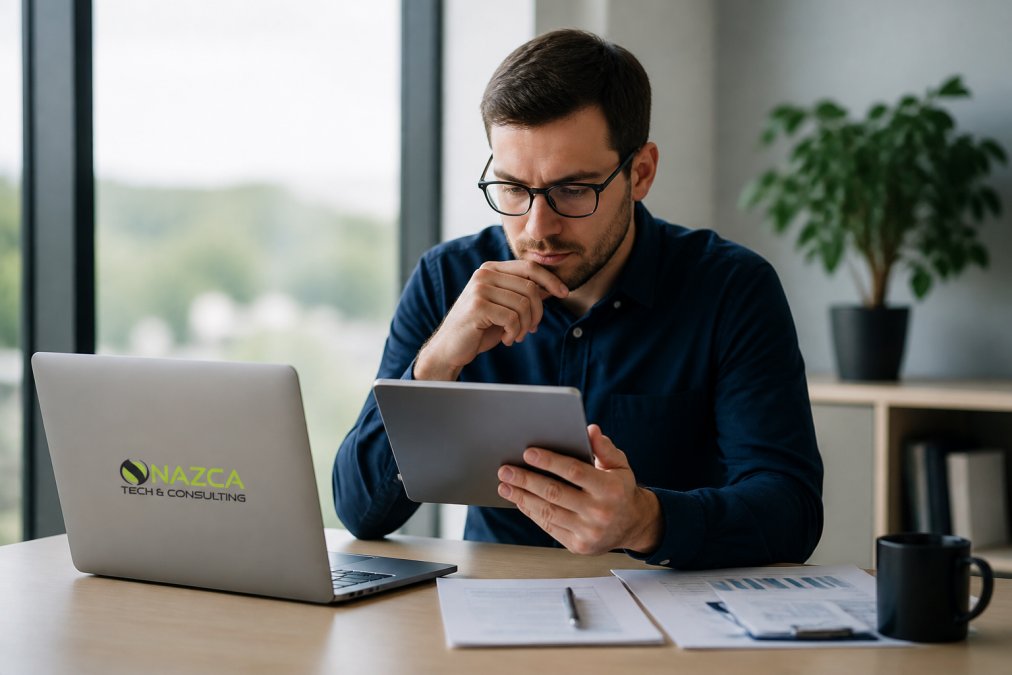Business owner reviewing service agreement on tablet at desk with laptop and financial documents nearby, morning natural light from office windows, showing focused review of contract terms
