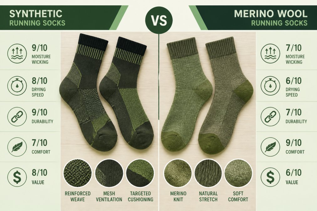 Two pairs of technical trail socks laid flat side by side on a wooden surface, showing contrasting cuff designs and fabric textures, one with reinforced synthetic weave and one with merino wool construction