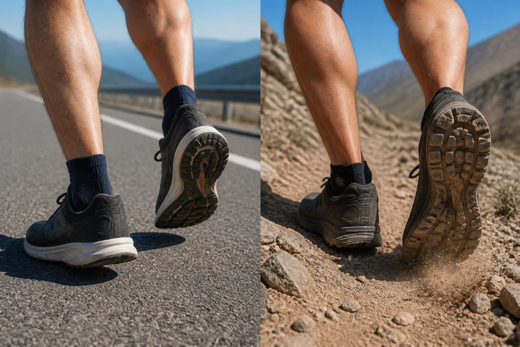 Close-up of a trail runner's feet in technical low-cut socks navigating rocky, dusty terrain, fine grit visible on the shoes under bright high-altitude sunlight