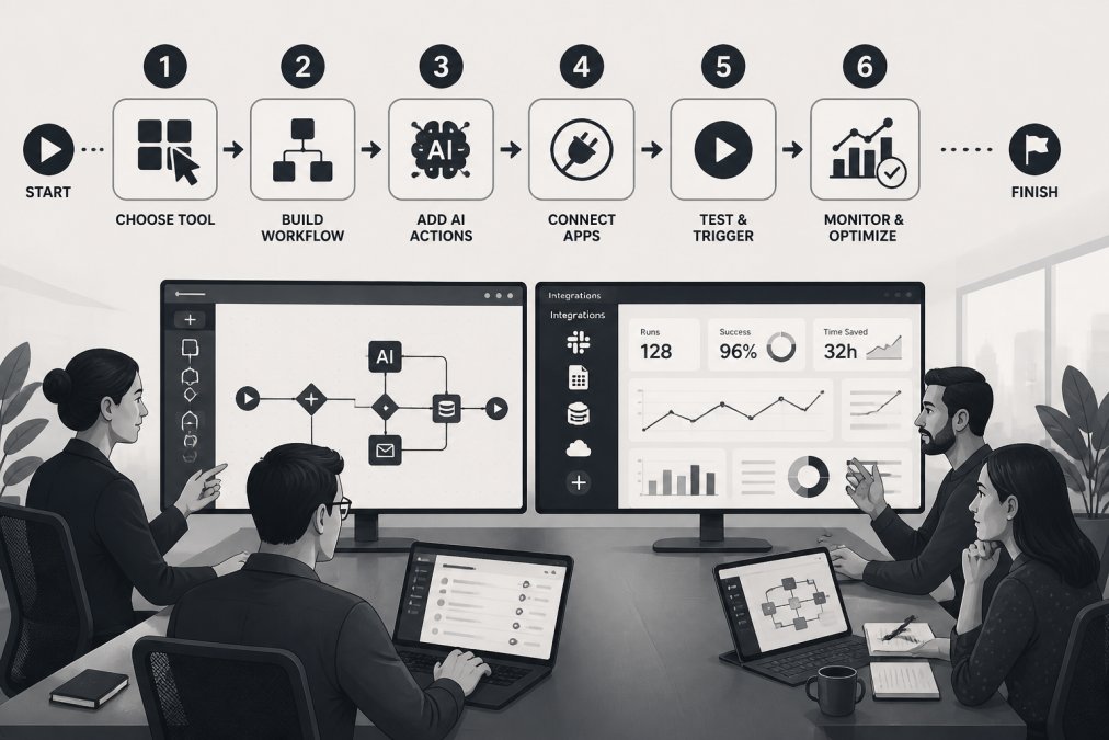 IT professionals collaborating at a modern conference table with multiple monitors displaying dashboards and workflow automation interfaces, natural office lighting streaming through windows
