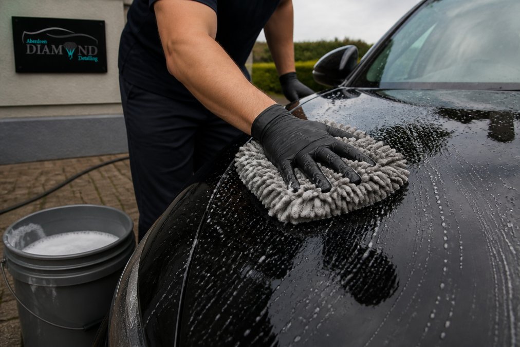 Close-up of a person using a plush microfibre wash mitt on a dark car bonnet, with a bucket of soapy water and a hose nearby, taken in a driveway on an overcast day