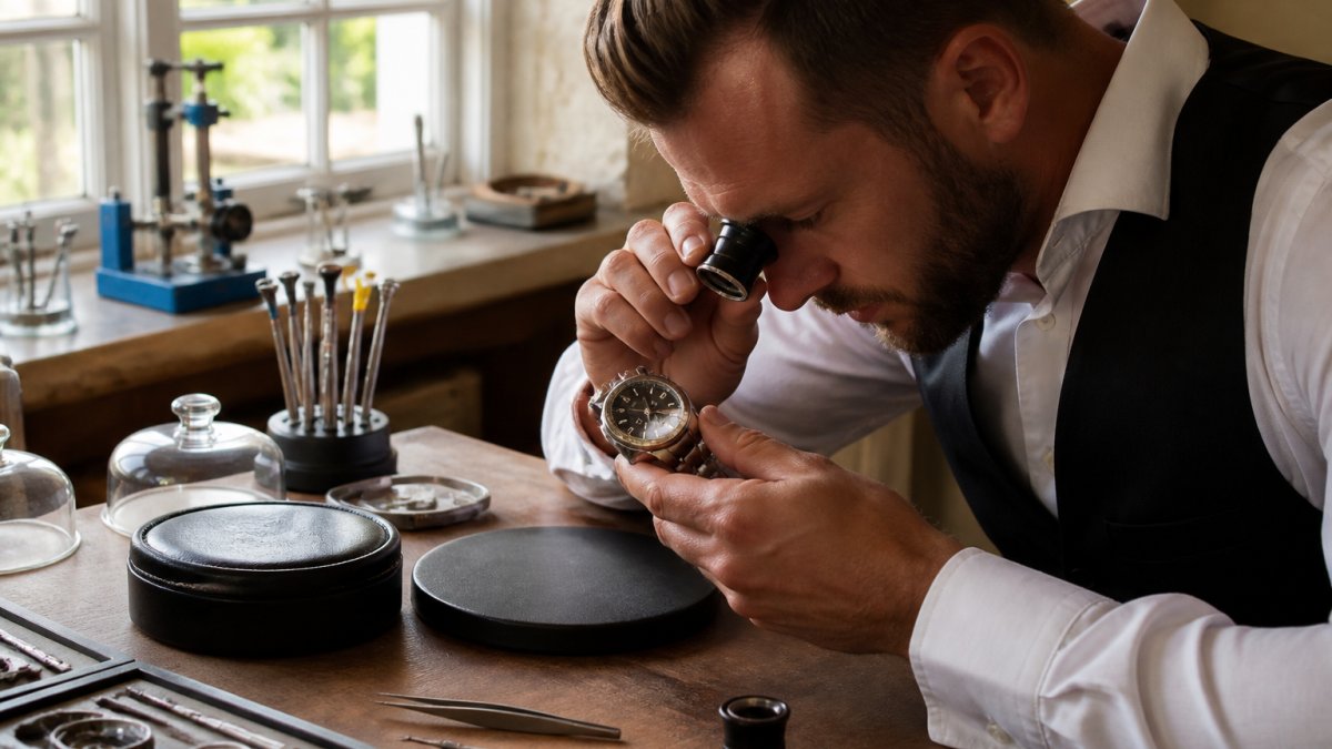 Professional jeweller examining a luxury Swiss watch through magnifying glass, inspecting the dial and case back on a jeweller's workbench with natural light