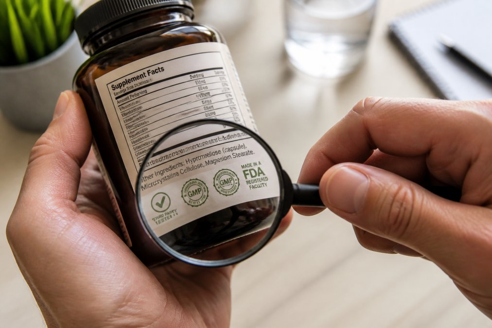Close-up of hands examining a supplement bottle label with magnifying glass, showing ingredient list and third-party certification seals in natural lighting