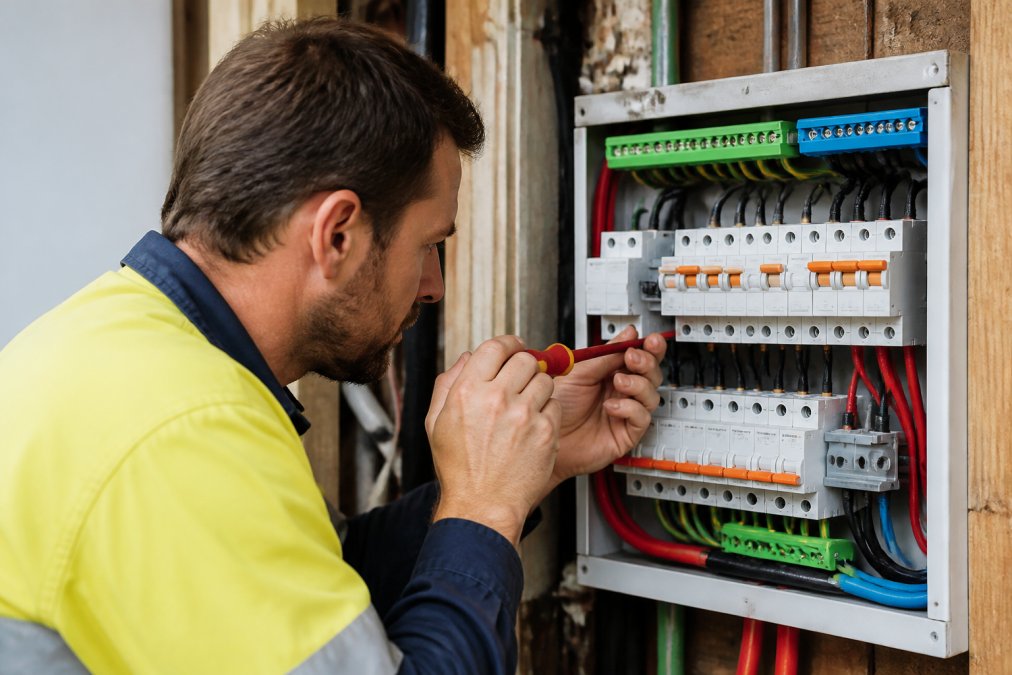 Licensed electrician in high-visibility clothing installing a modern switchboard with safety switches and circuit breakers into an electrical panel, using precision tools in bright workshop lighting
