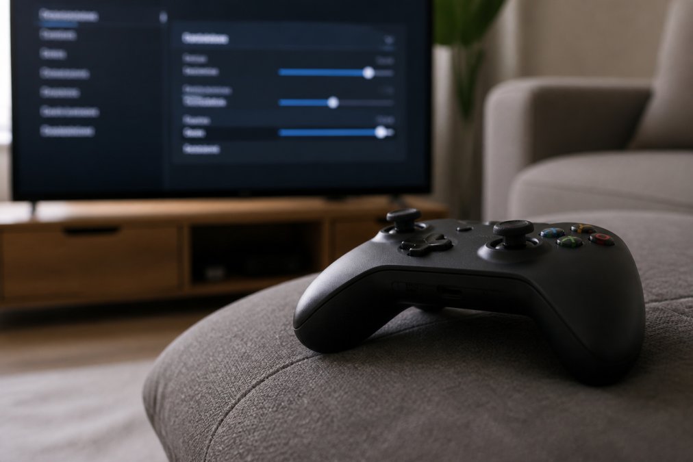 A close-up of a wireless console controller resting on a couch cushion, with an on-screen settings menu showing dead zone and sensitivity sliders in the background