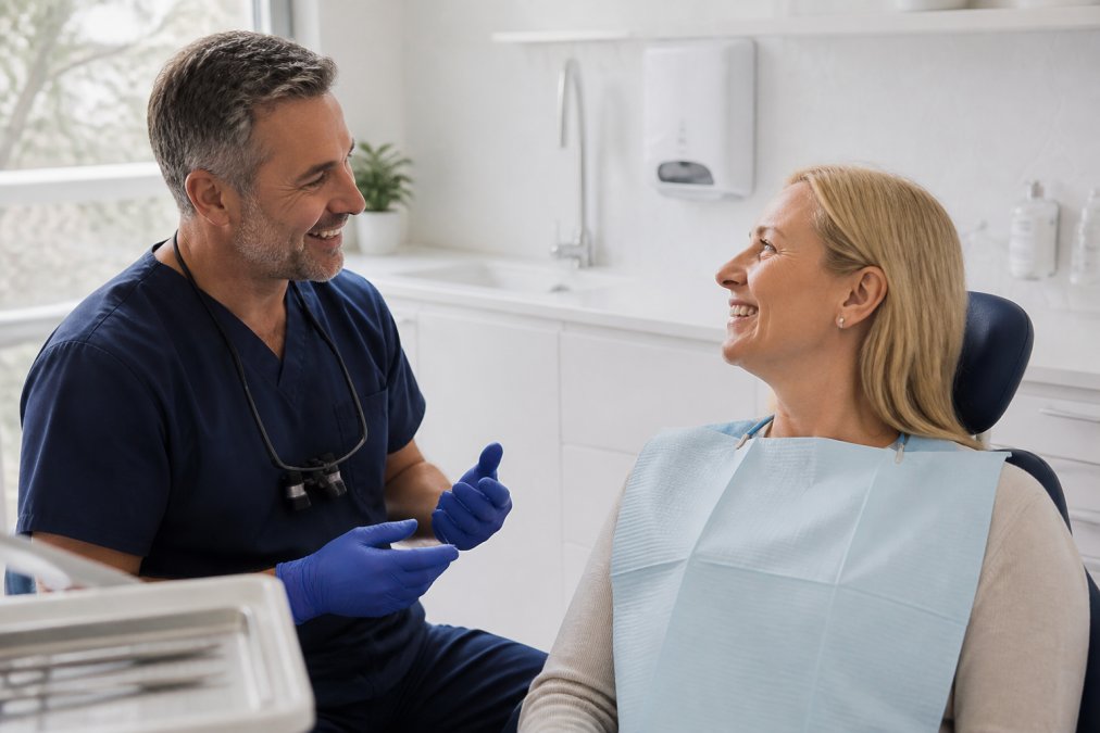 A friendly dentist in a modern, bright surgery speaking with a relaxed adult patient in the dental chair during a check-up