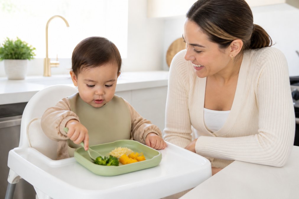 Toddler sitting in high chair self-feeding with a colourful silicone suction plate, using a matching spoon to scoop food, with a smiling parent supervising nearby in bright natural kitchen lighting