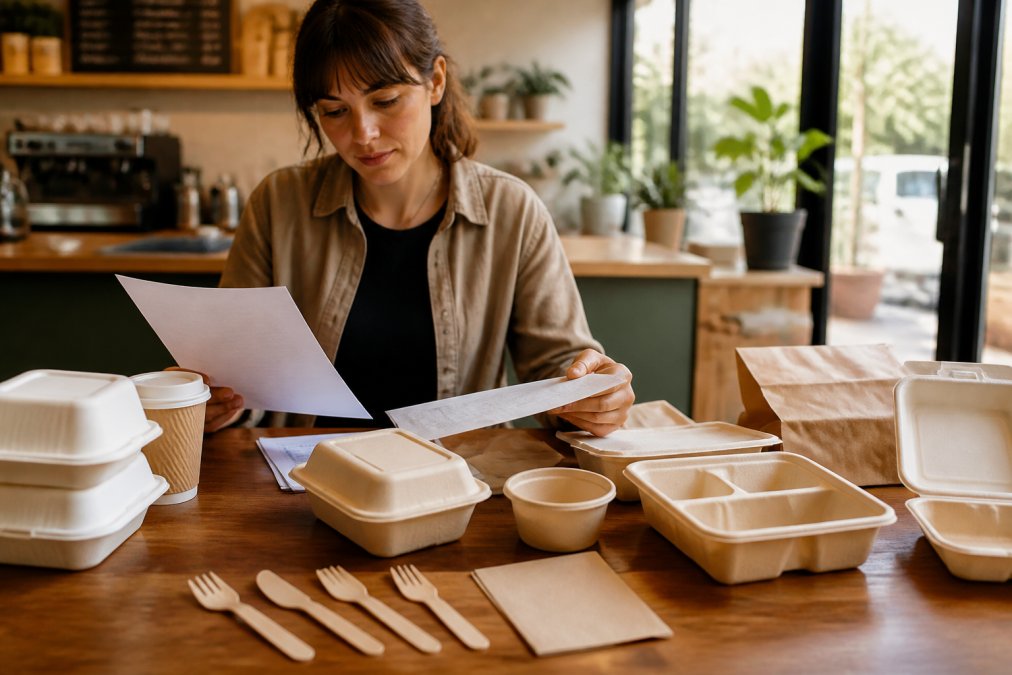 Cafe owner reviewing sustainable packaging samples and pricing documents alongside traditional takeaway containers on a wooden counter, with morning light streaming through cafe windows
