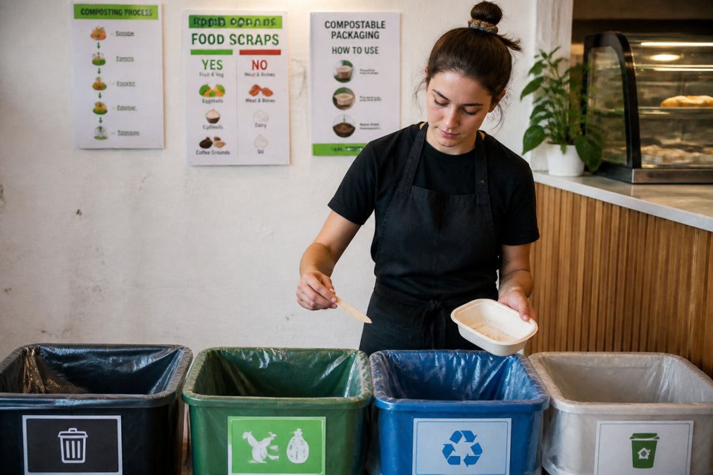 Cafe worker sorting compostable packaging and food waste into clearly labelled separate bins, with composting facility signage and educational posters visible on the wall behind them