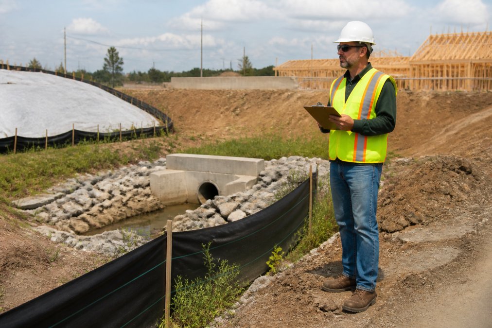 Qualified SWPPP developer in safety vest and hard hat examining erosion control measures on active construction site, inspecting sediment fencing and stormwater infrastructure with clipboard in natural daylight