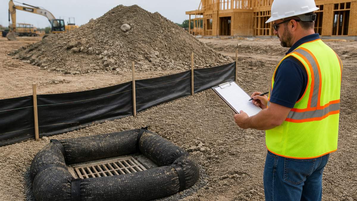 A construction site inspector in a hard hat and safety vest reviewing a clipboard checklist beside a silt fence and stabilized soil stockpile, with a storm drain inlet protection device visible in the foreground