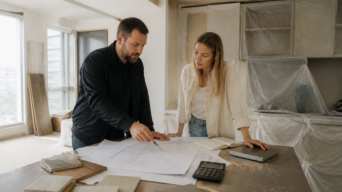 A builder and homeowner reviewing renovation plans and material samples on a kitchen benchtop in a partially renovated apartment, natural window light, dust sheets over cabinetry