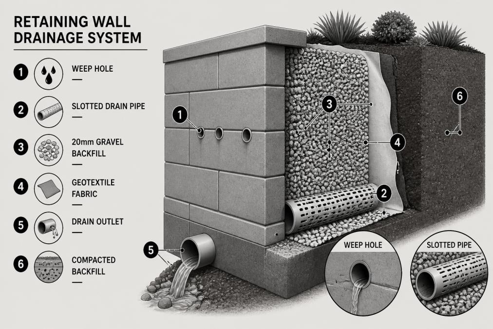 Close-up of newly constructed retaining wall showing drainage pipes, weep holes and backfill material installation with gravel and geofabric visible