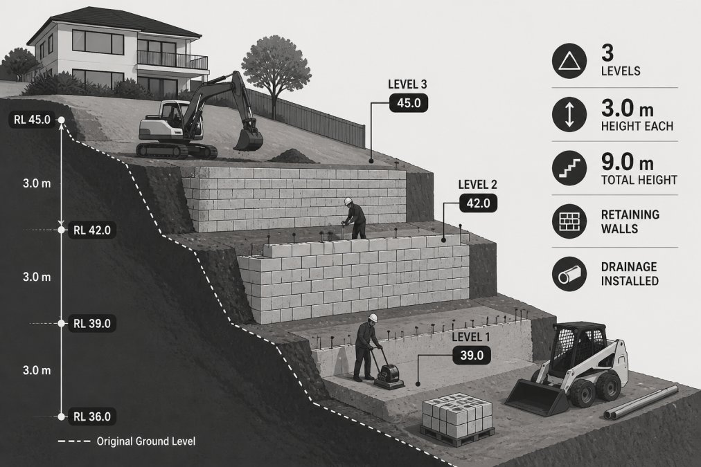 Sloping residential property with excavation work in progress, showing terraced levels and retaining wall construction mid-build on a hillside block with machinery and site setup