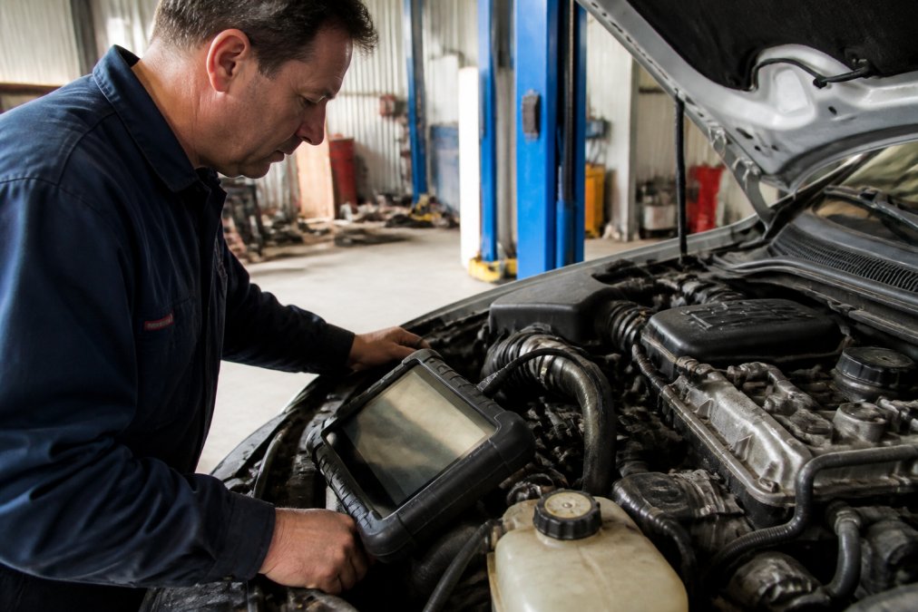 Professional mechanic using modern diagnostic scanning equipment on a vehicle engine, examining digital readouts on a diagnostic screen in a well-lit workshop bay