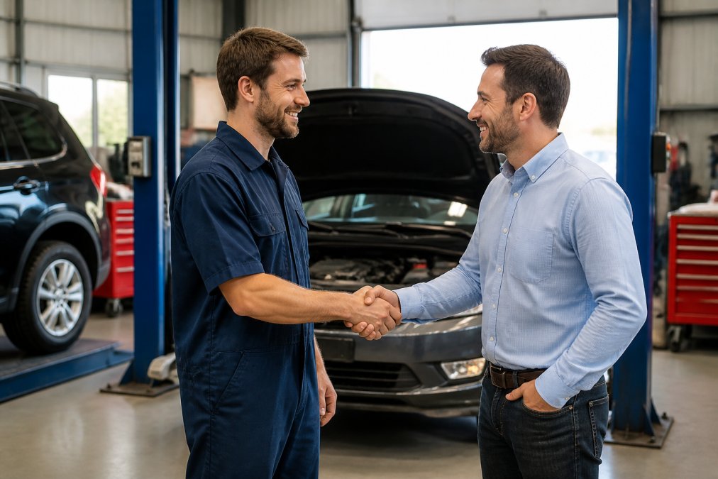 Satisfied customer shaking hands with a professional mechanic in a clean, modern service centre workshop, both smiling after service completion