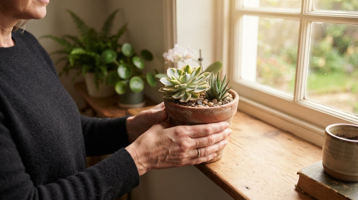 Hands gently holding a potted succulent plant with soft natural sunlight streaming through a window in the background, warm wood windowsill visible