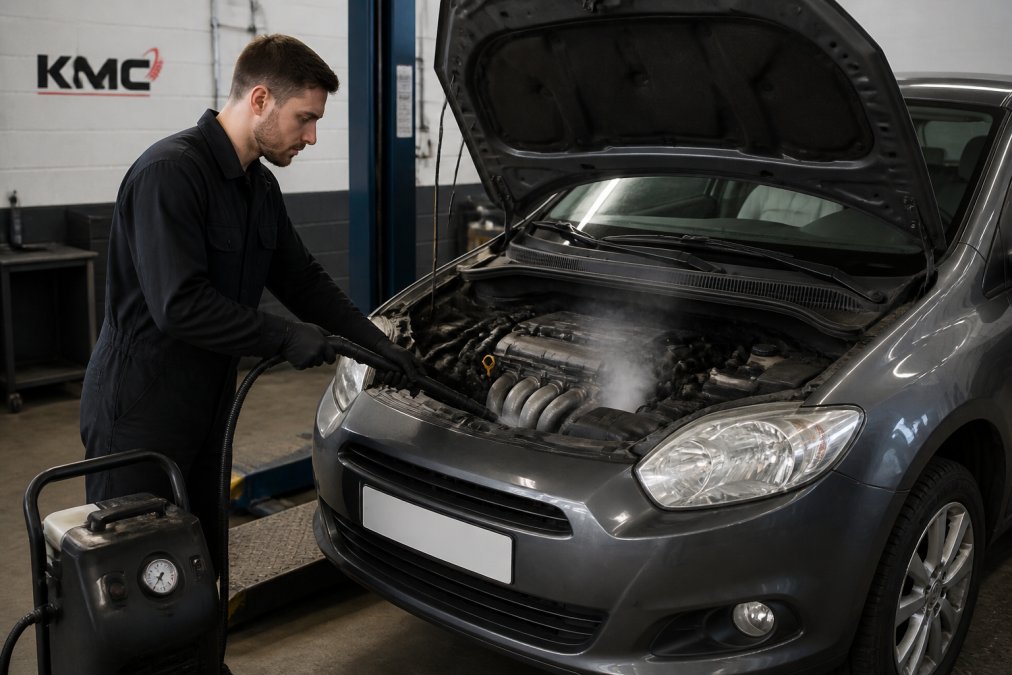 A mechanic in dark overalls directing a diagnostic smoke machine hose toward the engine bay of a hatchback on a garage ramp, thin white smoke curling up from the exhaust manifold joint under cool workshop lighting