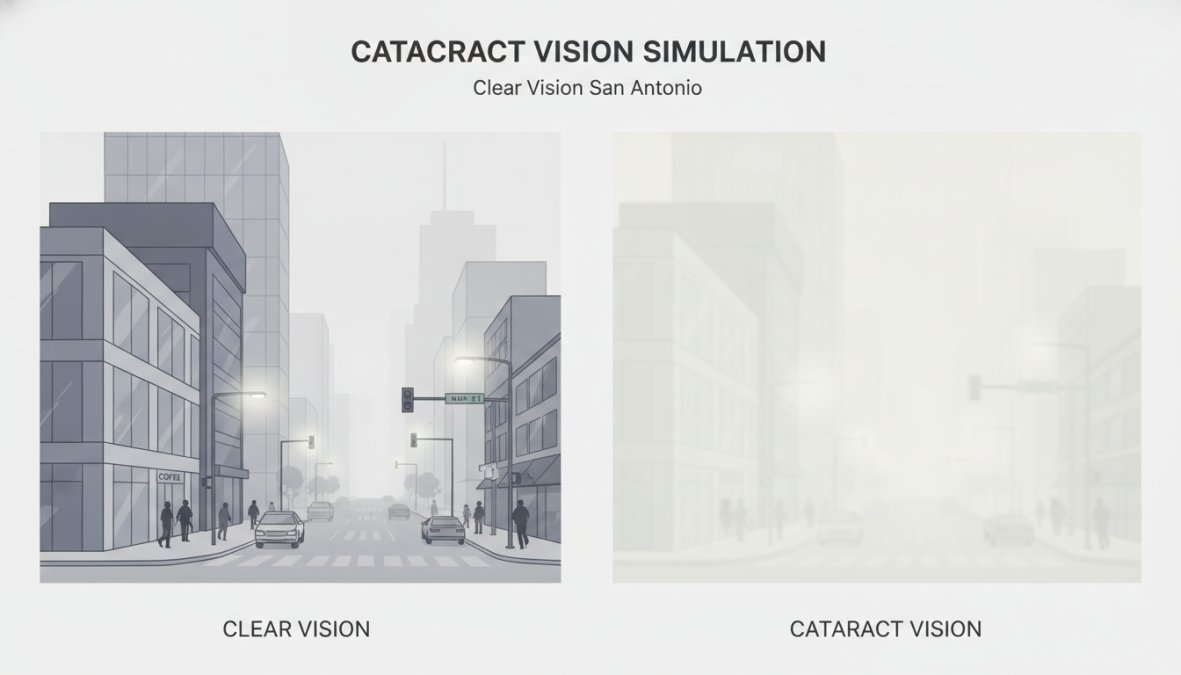 Side-by-side street scene comparison showing a clear, vibrant urban street on the left side with sharp details, bright colors, and clear contrast, and the same scene on the right side with a cloudy, yellowed, hazy overlay that obscures details and mutes colors, simulating advanced cataract vision