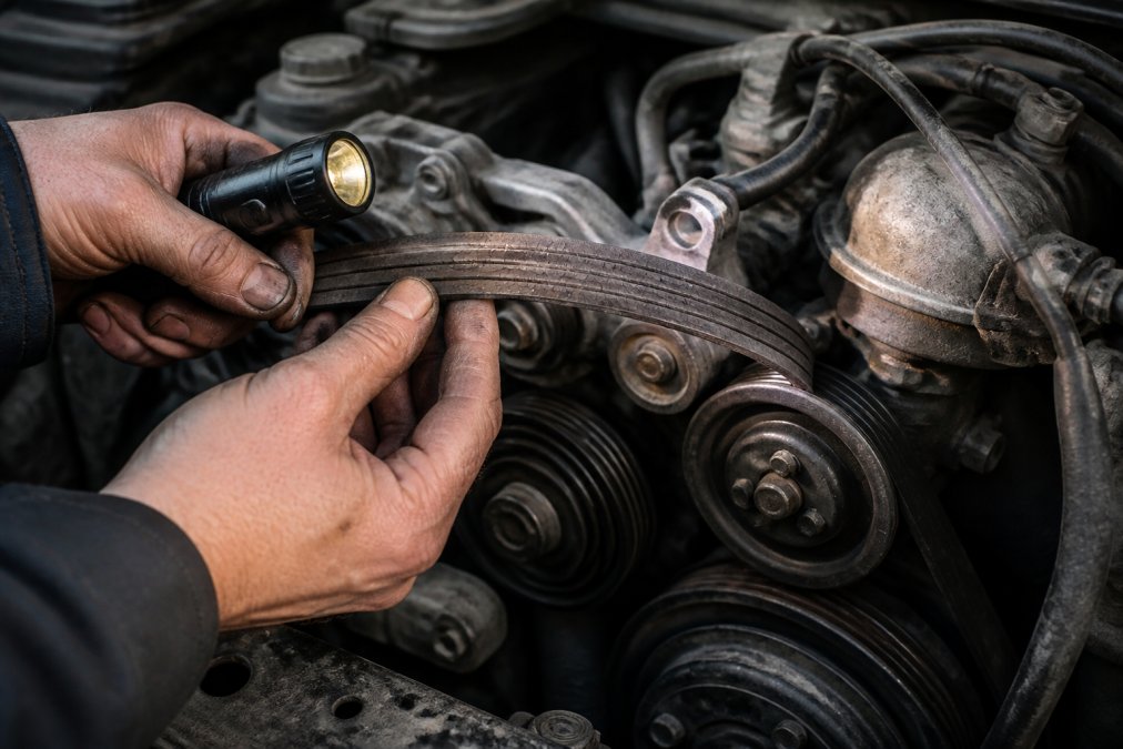 Close-up of a mechanic's hands inspecting a cracked, glazed serpentine belt inside an engine compartment with a flashlight, shadows and dust visible under the hood