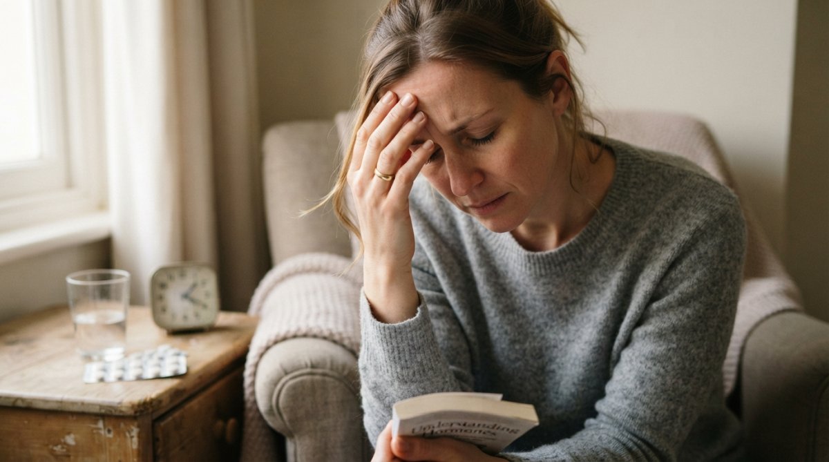 Woman sitting at calendar marking irregular menstrual cycle dates with concerned expression in home setting with natural window lighting