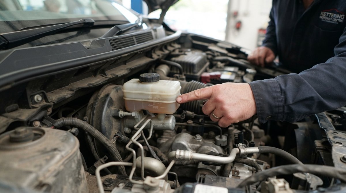 Close-up of an open engine bay showing the brake fluid reservoir with the translucent plastic container clearly visible, hand pointing to the minimum and maximum fill lines