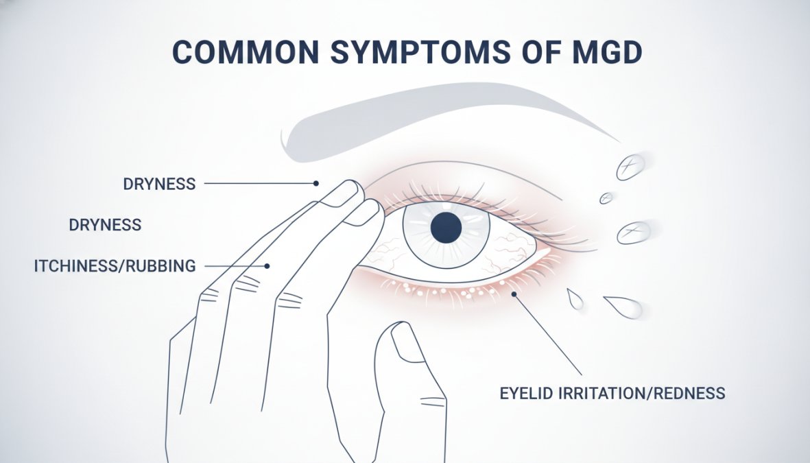 Close-up of a person rubbing their eye with visible redness and irritation at the eyelid margin, showing discomfort