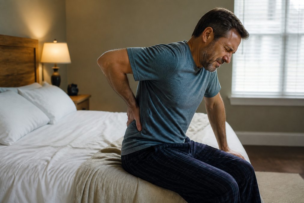 A person sitting on the edge of a bed holding their lower back in visible discomfort, wearing casual clothing, soft warm clinical lighting suggesting a home or medical setting