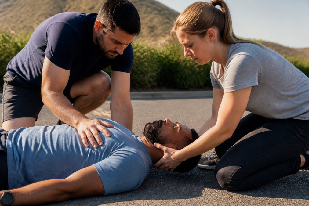 Two bystanders carefully stabilizing an injured person lying on the ground, one person supporting the head and neck with both hands, the other kneeling beside the torso, outdoors on a paved surface in daylight