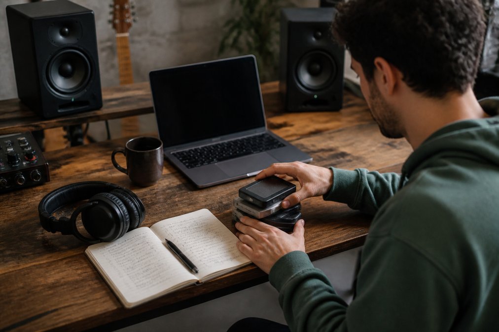 An independent music producer at a home studio desk organizing audio files on a laptop, with headphones, studio monitors, and a notebook of song notes visible in warm lighting