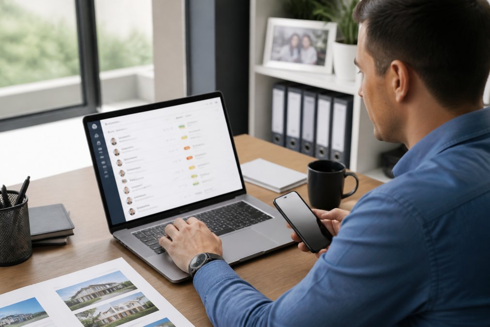 Real estate agent at desk with laptop and phone, reviewing CRM dashboard with visitor contact cards and lead status indicators displayed on screen, natural office lighting