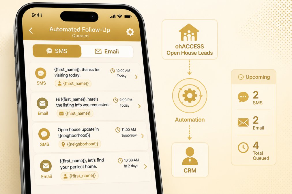 Close-up of smartphone screen showing multiple automated SMS and email notifications queued for delivery to open house leads, with timestamps and personalization variables visible