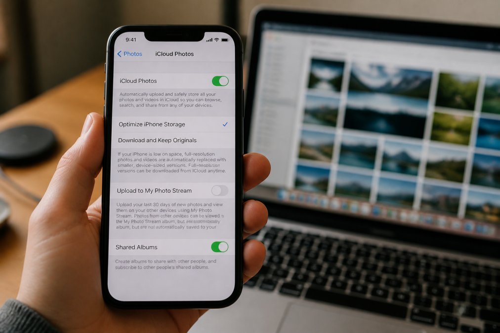 Close-up of iPhone screen showing iCloud Photos toggle switched on in Settings, with a Mac displaying the Photos app visible in blurred background on wooden desk