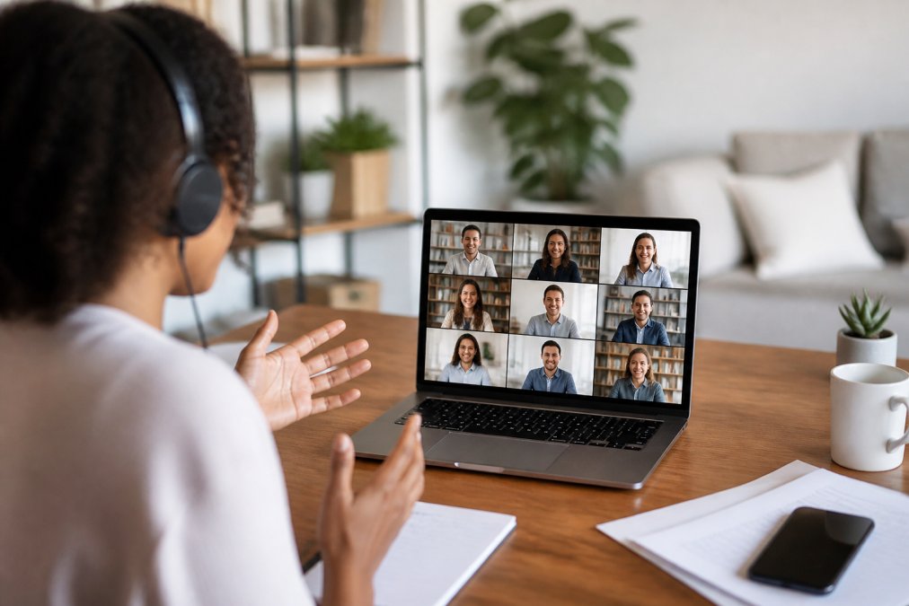 Diverse professionals collaborating in a virtual classroom session to compare synchronous vs asynchronous learning