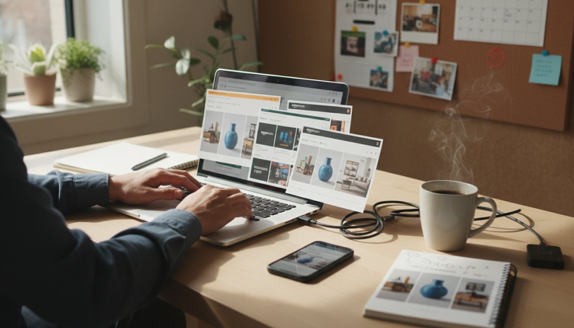 Person sitting at a clean wooden desk with a laptop showing multiple browser tabs with different e-commerce storefronts open, a spiral notebook and coffee mug nearby, warm natural light from a window